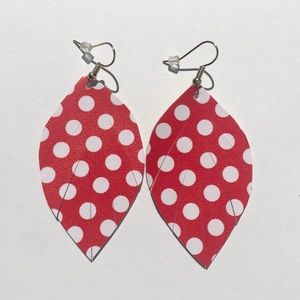 Leather Feather Earrings Red & White Polka Dot